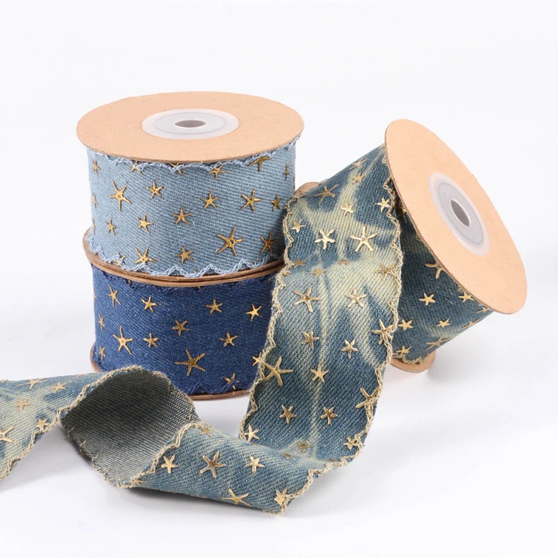 10 Yards 25MM/40MM Gold Five-Pointed Star Lace Edge Denim Ribbon Hair Bows DIY Crafts Handmade Accessories Ribbons