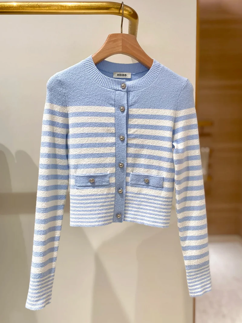 

Spring 2025 Heidd Knitted Long Sve round Ne Open Cardigan Fre Agel Blue White Stripes Casual Commute Sle Polyeste...
