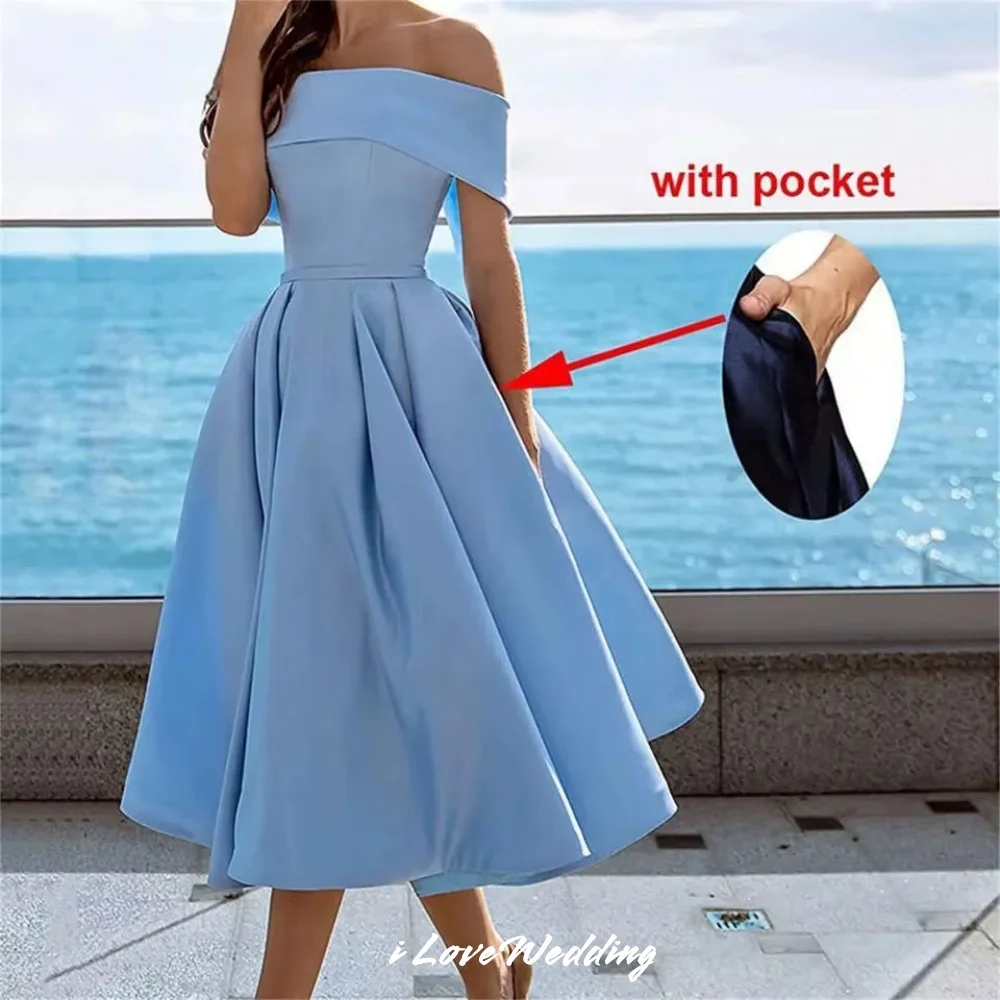 

Blue Off the Shoulder Evening Dresses 2025 Satin Strapless Pleated A-Line Open Back Criss-Cross Wedding Guest Dresses Customized