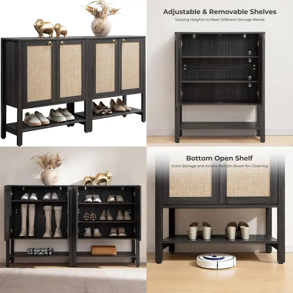 5-tier rattan shoe storage cabinet with shelves and doors for entryway, farmhouse boho style