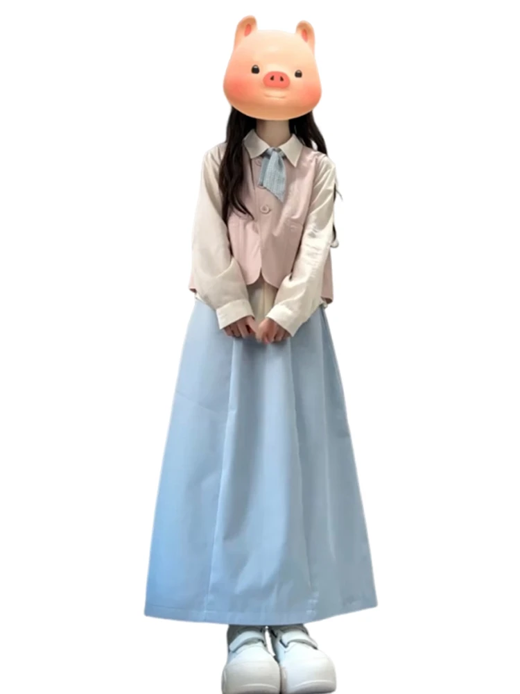 تنورة كورية Sle Sweet Sensation Long Dr Set للسيدات من College Faion بخصر عالٍ من مزيج البولي كوتون مريح على شكل حرف A