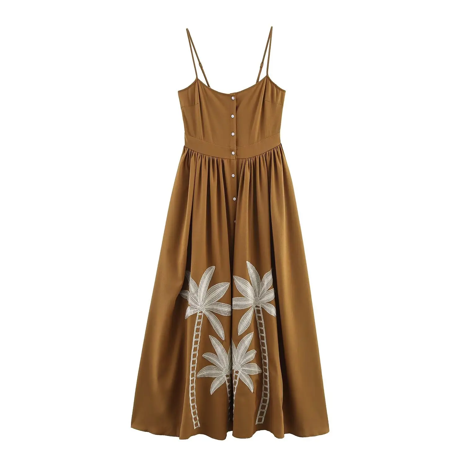 

2025 Holiday Summer Sleeveless Women's Long Dress Boho Beach Coconut Tree Embroidery Suspender Dress Casual Female Vestidos