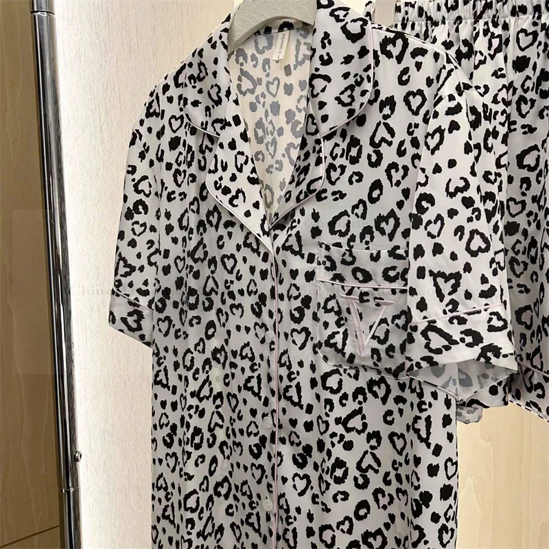 

Sexy Pajamas Set Trousers Outfit White Leopard Shirt Shorts 2Pcs Sleepwear Women Rayon Home Clothes Female Loungewear Night Wear