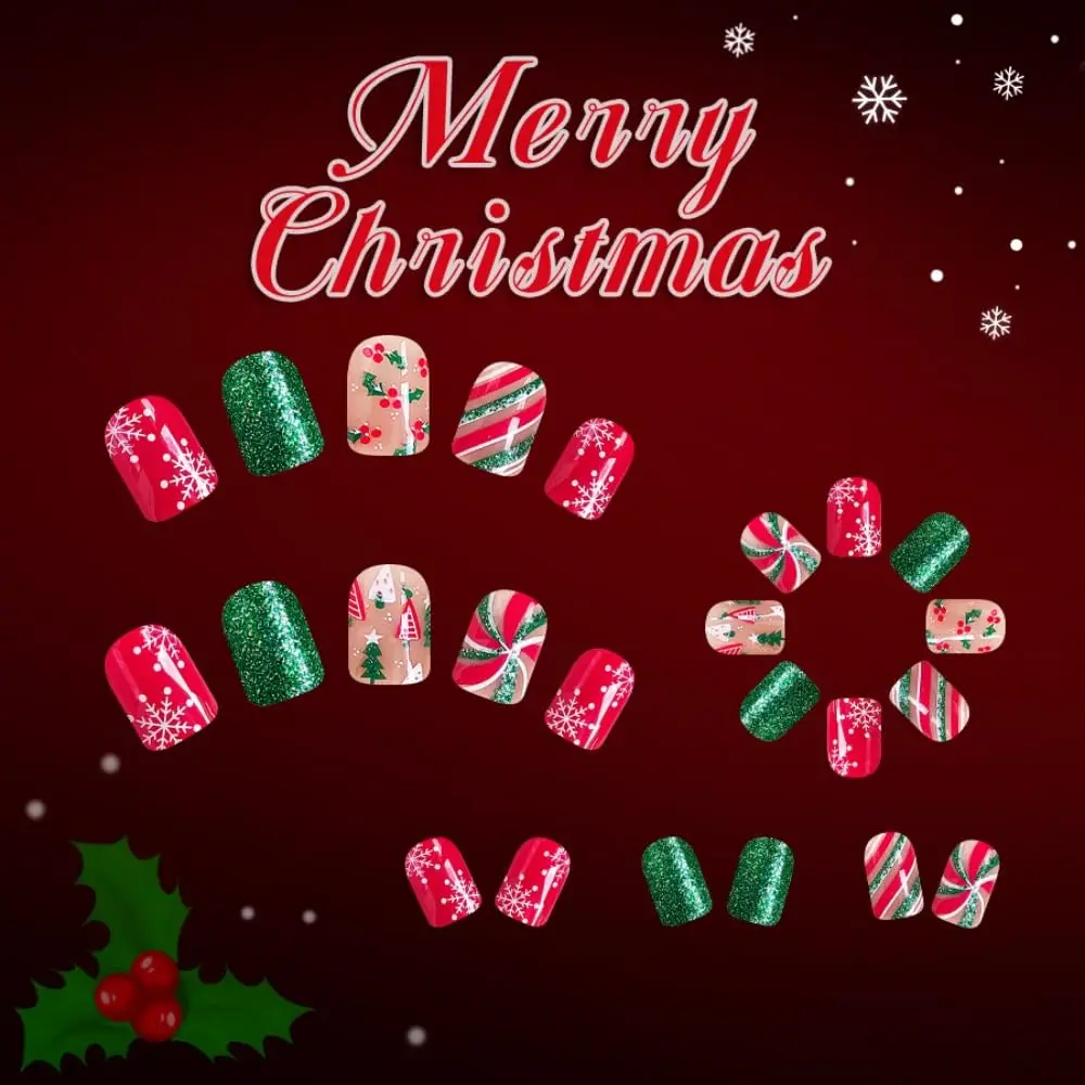 Prensa navideña en uñas uñas postizas cuadradas cortas con bonito diseño de fruta de acebo pegamento con purpurina verde brillante en el árbol de Navidad de uñas