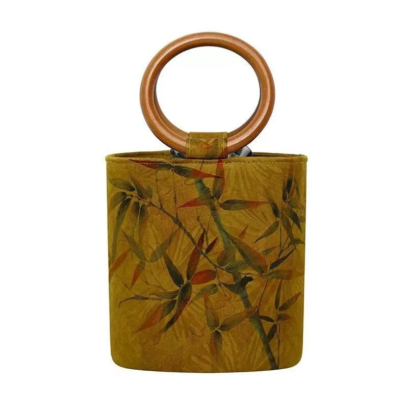 Wooden Handle Circular Vintage Bucket Bag 2024 New Handbag Women Art Retro Chinese Style Bags Silk-like Medieval Top-Handle Bags
