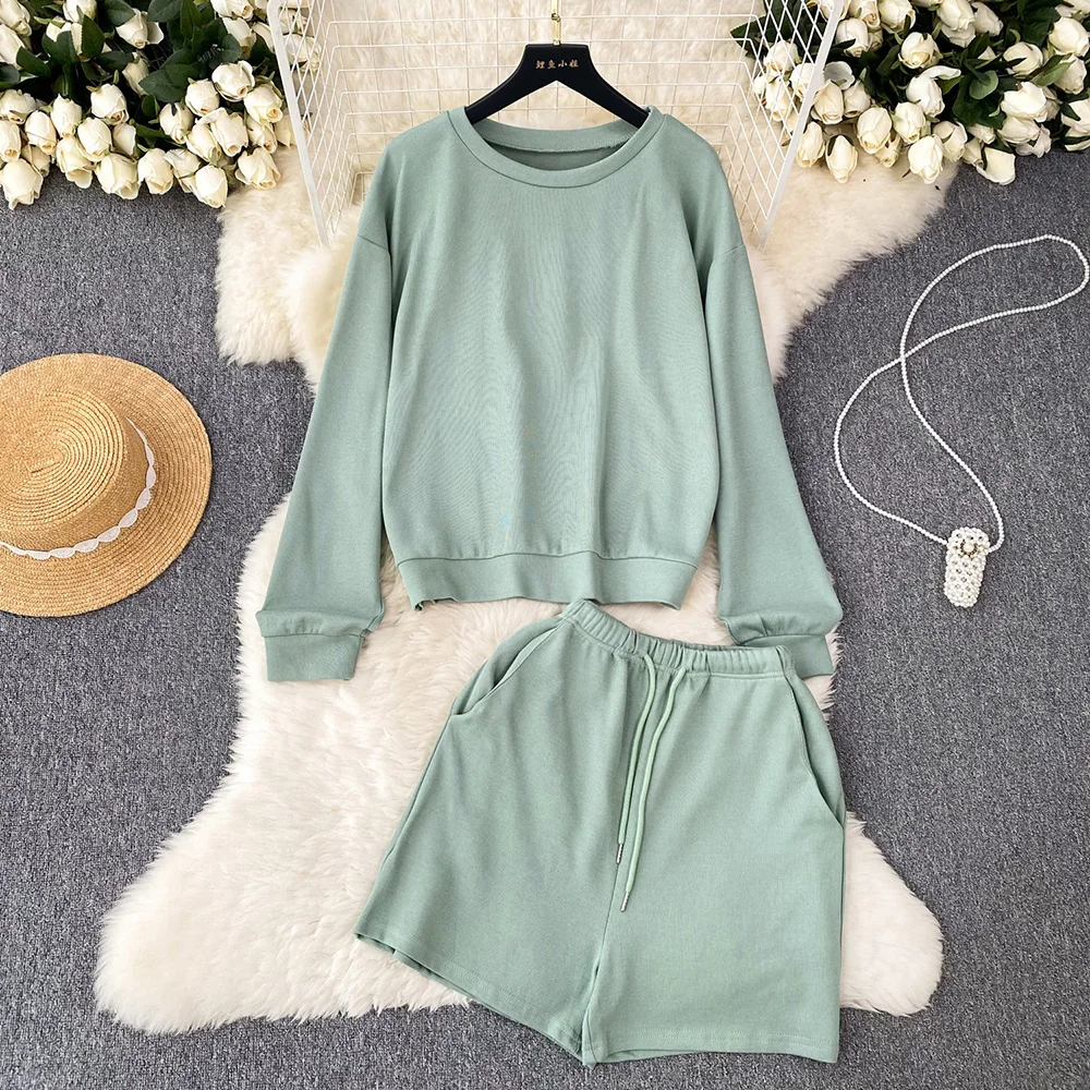 Croysier Casual Sporty Two Piece Set For Women Tracksuit Loose Sweatshirt And Drawstring Tie Waist Shorts Matching Sets Outfits