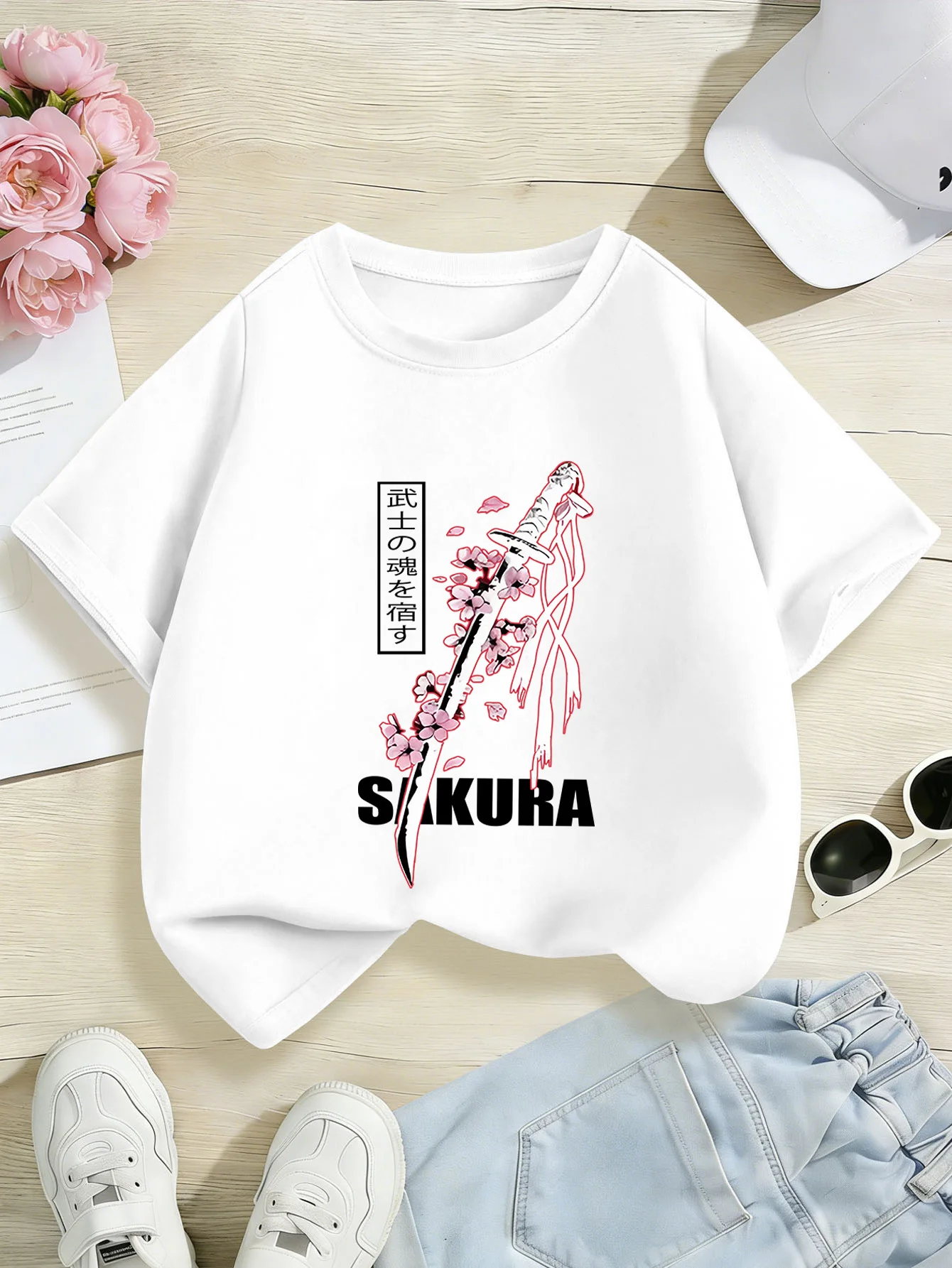 Sakura Samurai Sword Letter Print Boys Girls Short Sleeve Tee Parent Match Soft Cotton Kids Cool Street Casual Fashion T Shirts