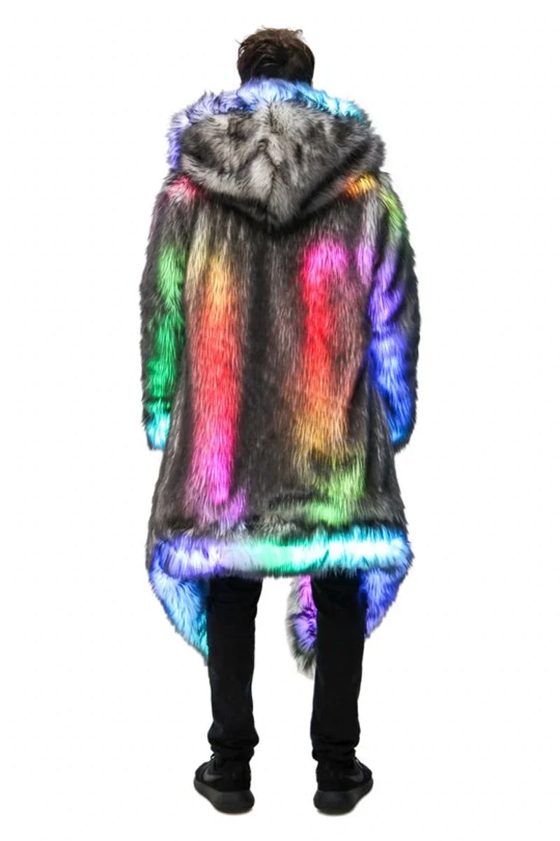 New LED Faux Fur Coat for Men Hooded Comfortable Thickened Winter Coat  Multi-Scene Personalized LED Stage Dance Party Costume