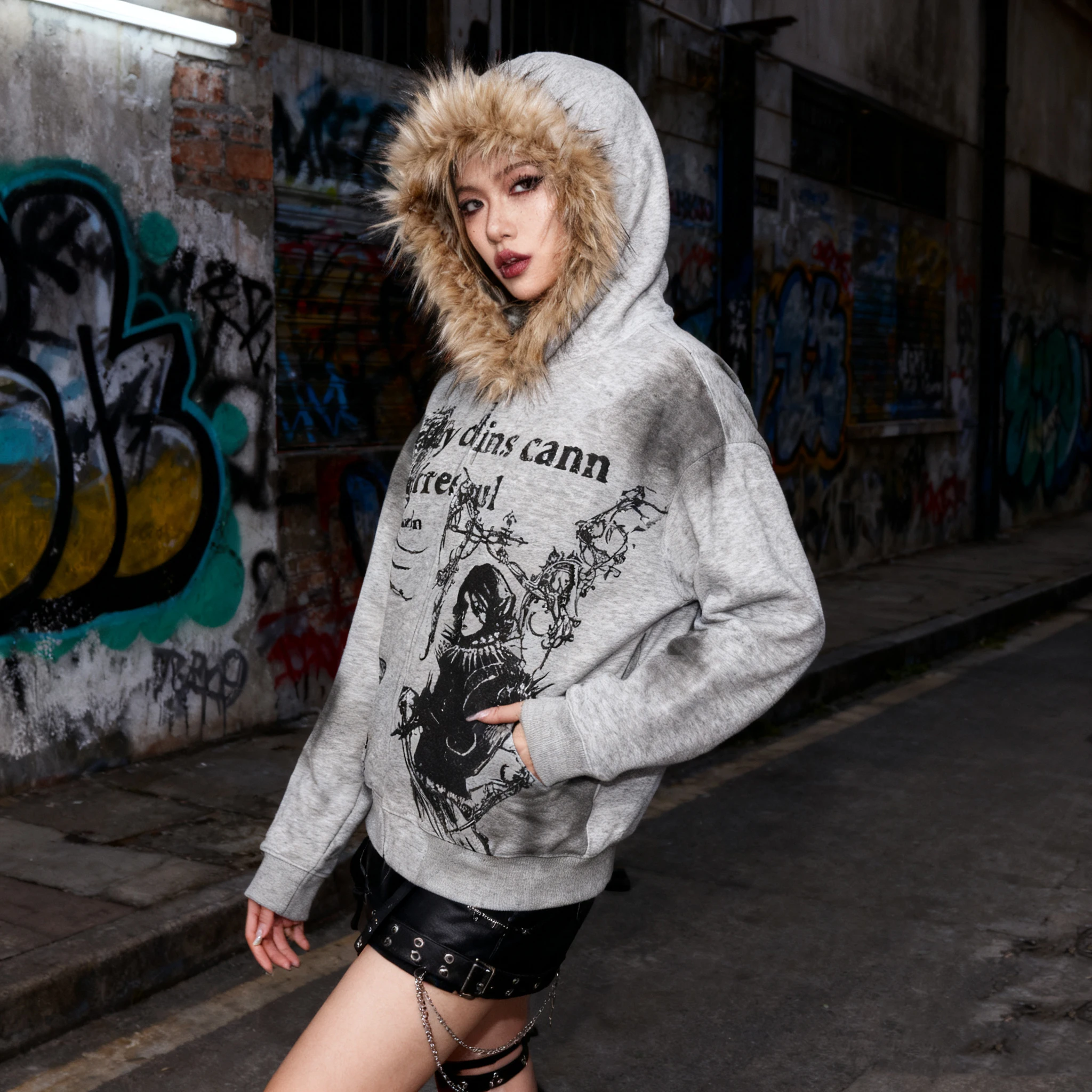 2025 Autumn Winter Women's Faux Fur Hooded Sweatshirt - Gothic Graphic Print Street Punk Style Loose Casual Hoodie Y2K EMO