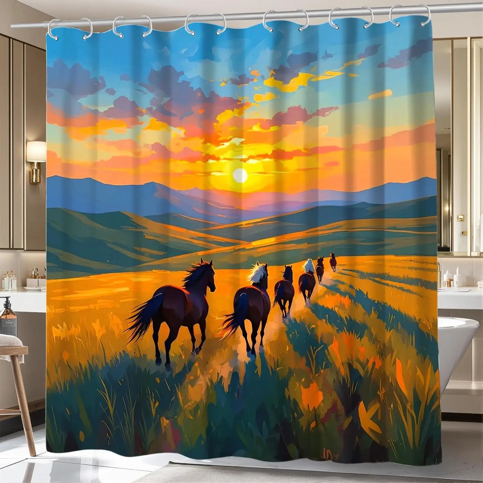 Vibrant Sunset Field Landscape Shower Curtain Boho Farm Style Bathroom Decor Curtain