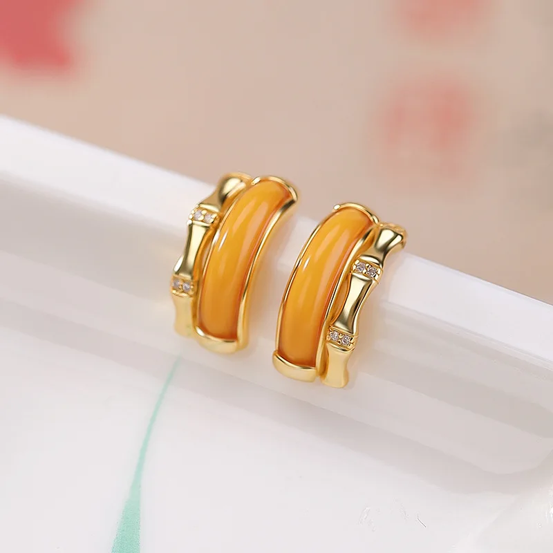 

S925 Sterling Gold-Plated Amber Stud Elegant Versatile Half-Curved Tube Silver Earrings