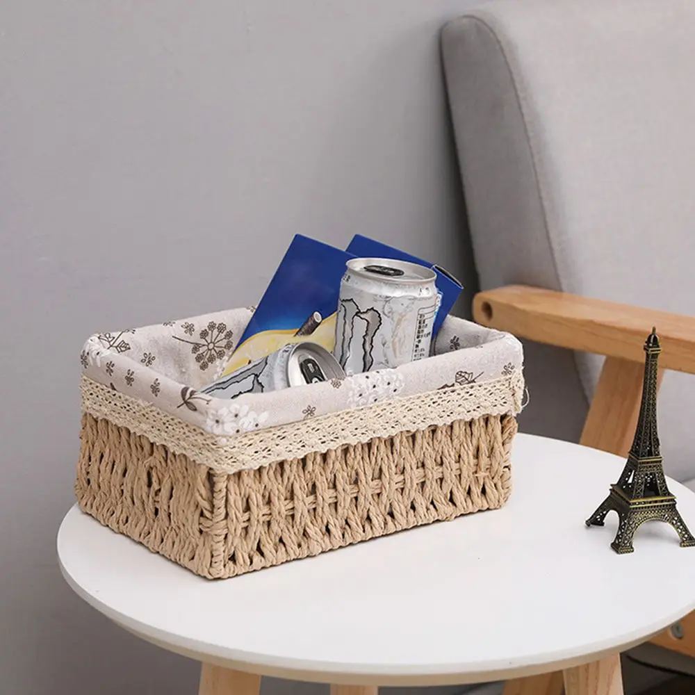 Handwoven Storage Box Rattan Storage Baskets with Lid Wicker Desktop Sundries Cosmetics Organizer Clothes Snack Toys Storage Box