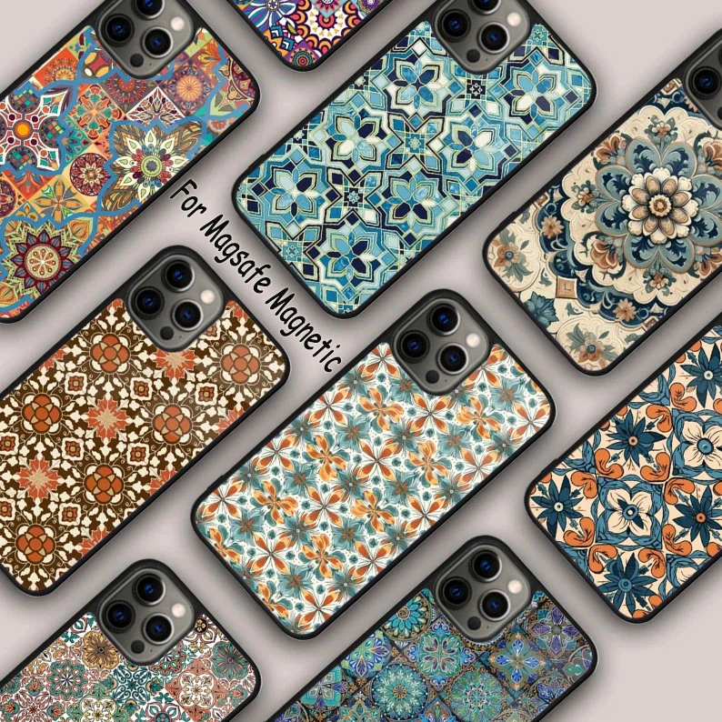 Boho Tile Mosaic Aesthetic Magnetic Phone Case For APPLE iPhone 16 14 13 12 11 Pro Max 15 Plus Wireless Charge MagSafe Cover