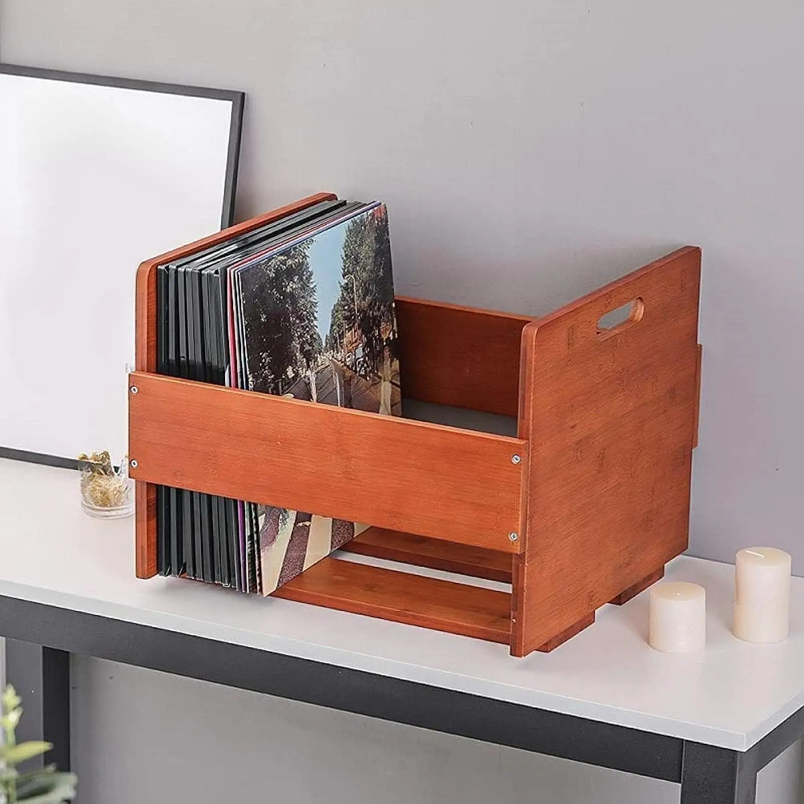 Vinyl Records Storage Holder Rack Minimalist Table Wood Vinyl Records Organizer Stand for Newspapers files Books Albums Home