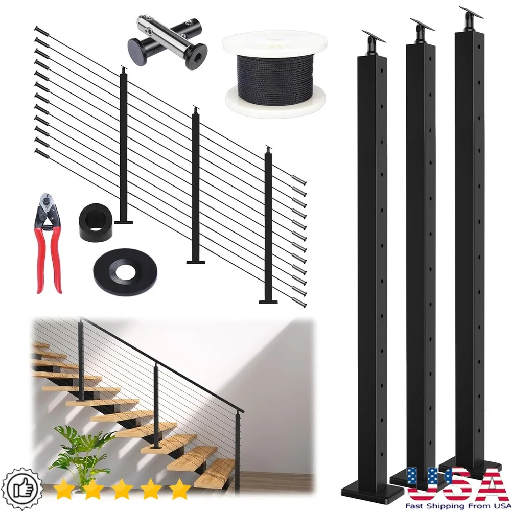 

42" Stair Cable Railing Post Kit 10ft-15ft Complete Set with 3 Black Posts Swageless Invisible Cable Railing High Quality