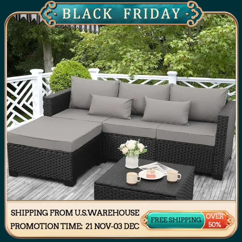 3 Pieces Patio Furniture Set Outdoor Sectional Wicker Patio Furniture Patio Couch with Ottoman and Outdoor Storage Table