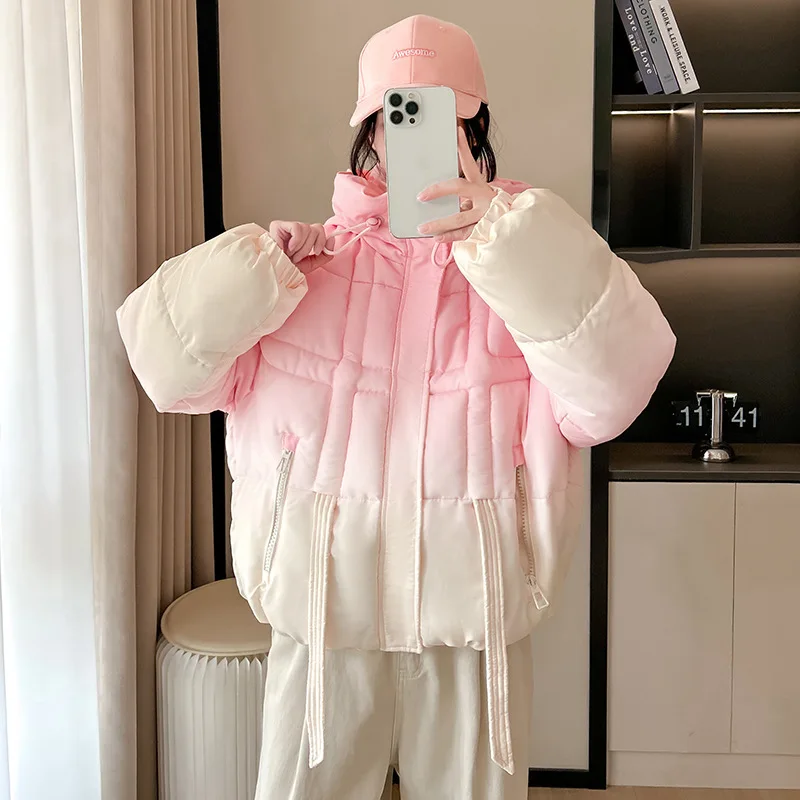 2025 New Gradient Color Cotton-padded Jacket Cotton-padded Jacket Women Student Hooded Cross-border Winter Coat Thick Coat