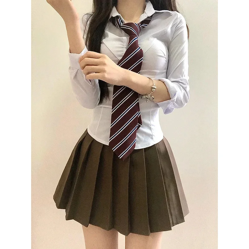 

CySpicy, униформа для девочек, студенческий повседневный японский комплект униформы JK, женская тонкая белая рубашка с длинными рукавами, мини-плиссированная юбка, летняя