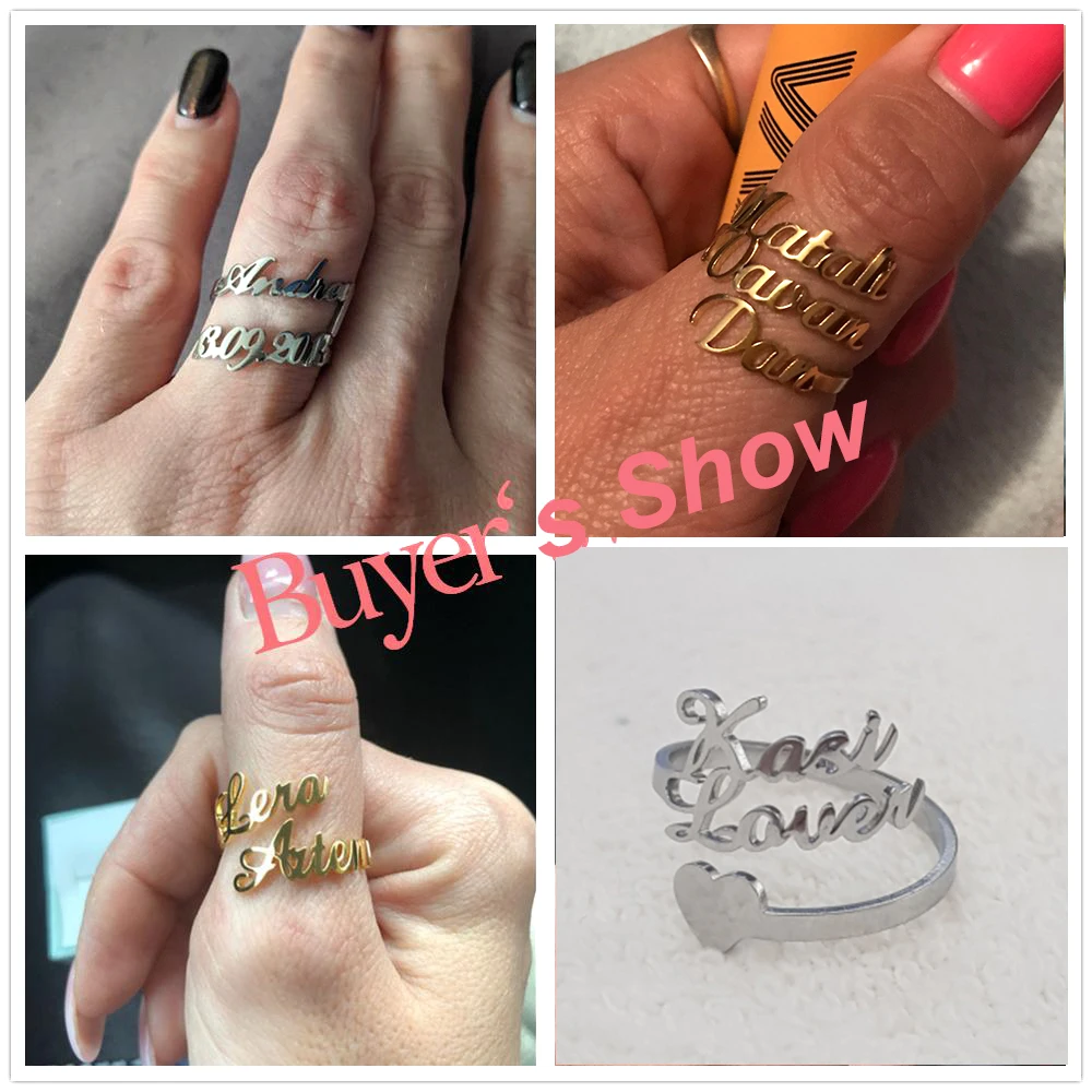 Teamer Personalised Custom Double Name Rings Stainless Steel Open Adjustable Couple Ring for Loved One Christmas New Year Gift image 6
