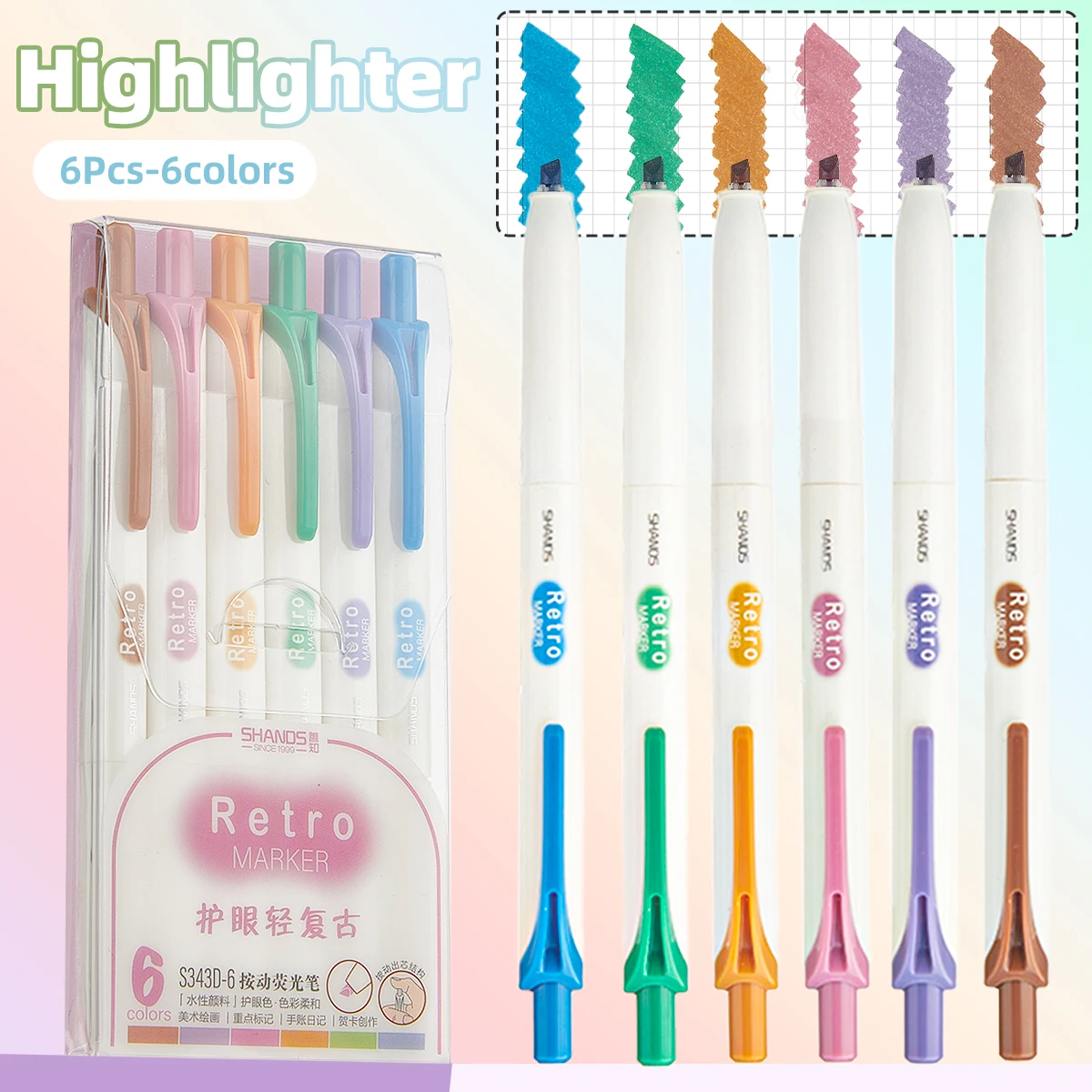 6Pcs/Set Retractable Highlighters Eye Protection Soft Pastel Markers 1-4mm Chisel Tip for Journaling School Office Supplies