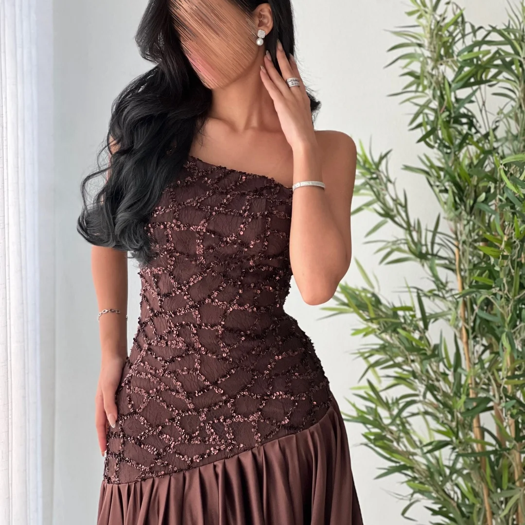 Bella Customized Brown One-Shoulder Prom Dress Beaded Bodice Satin Skirt robes de soirée Elegant Mermaid Gown Party Dresses image 5