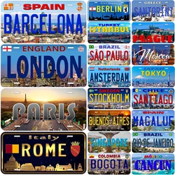 Vintage License Plates for Decoration Tin Signs Vintage Bacelona Pairs London Amsterdan Tags Metal Automotive Sign For Car Front