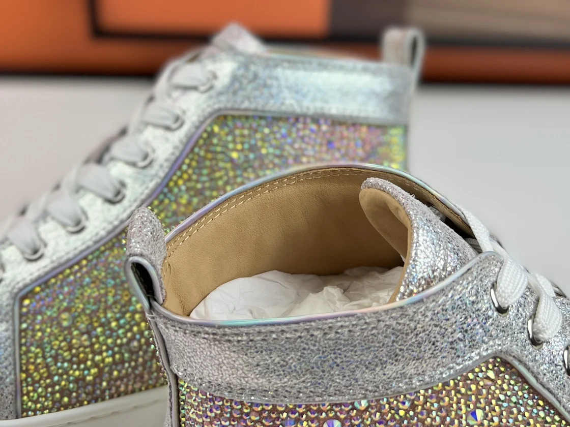 Luxury High Top Silver Rhinestone Leather Shoes Spiked Studded Lace Up Red Bottom Shoes For Men Evening Party Club Casual Shoes