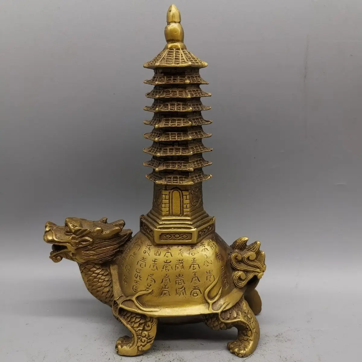 Ancient Collection Copper Dragon Turtle Nine Layer Wenchang Tower Desktop Decor Statue Ornament
