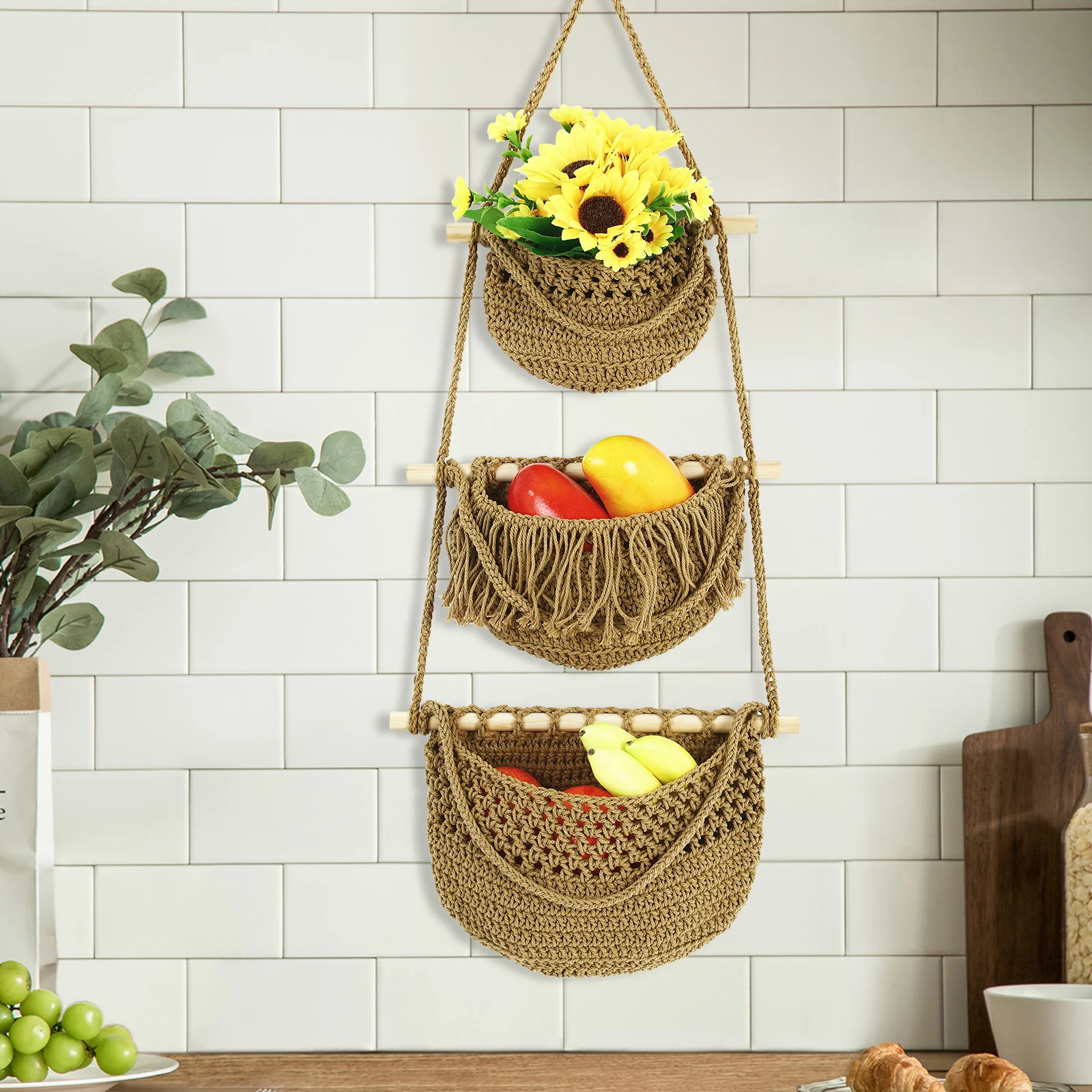 

Hanging Fruit Vegetable Net Basket Storage Kitchen Wall ganizer Cotton Rope Wood Stick Large Capacity Space Saving Solution Boho