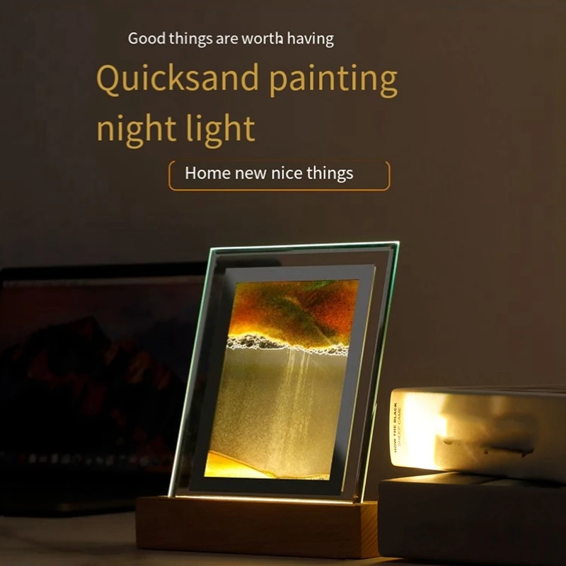 AB46-Sand Art Moving Night Lamp Craft Quicksand 3D Landscape Flowing Sand Picture Hourglass Gift LED Table Night Light