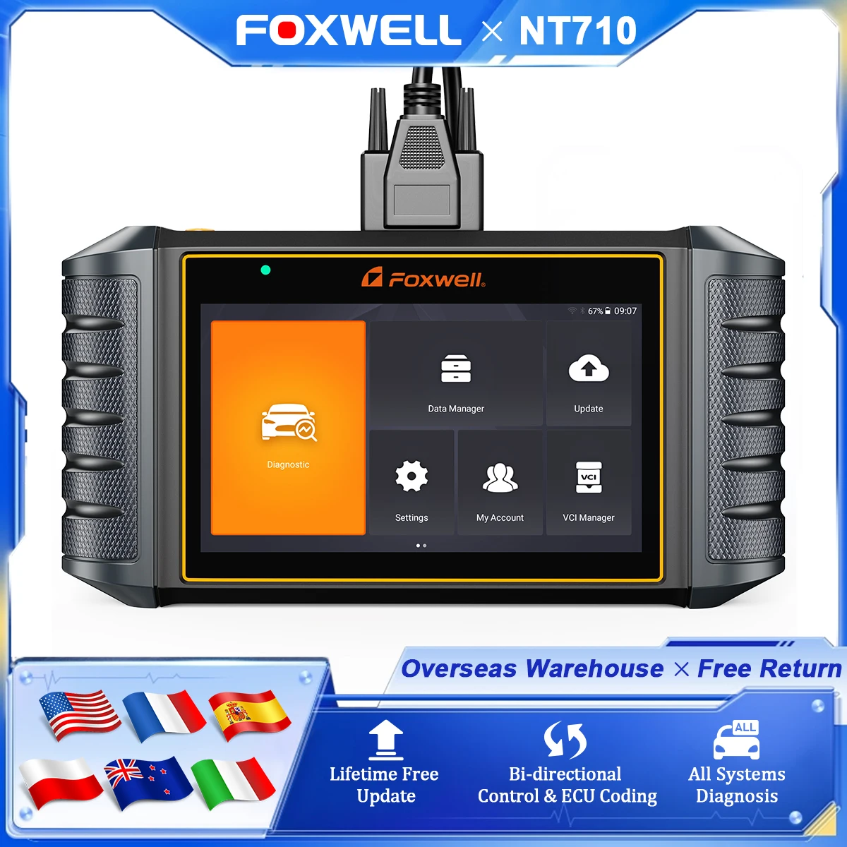 

FOXWELL NT710 OBD2 Automotive Scanner OBD2 Diagnostic Scan Tool Full System Car Code Reader ECU Coding Active Test Free Update
