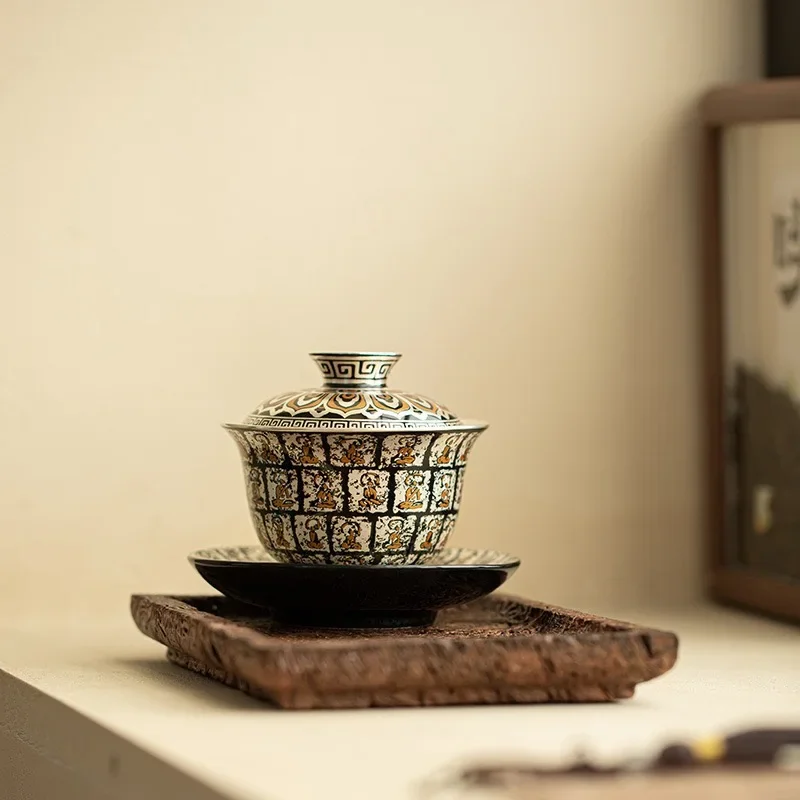 Jingdezhen Hand Painted Silver Wanfo Gaiwan Sancai Gaiwan Retro Old Pottery Mud Ceramic Teacup Tea Bowl Collection Holiday Gifts