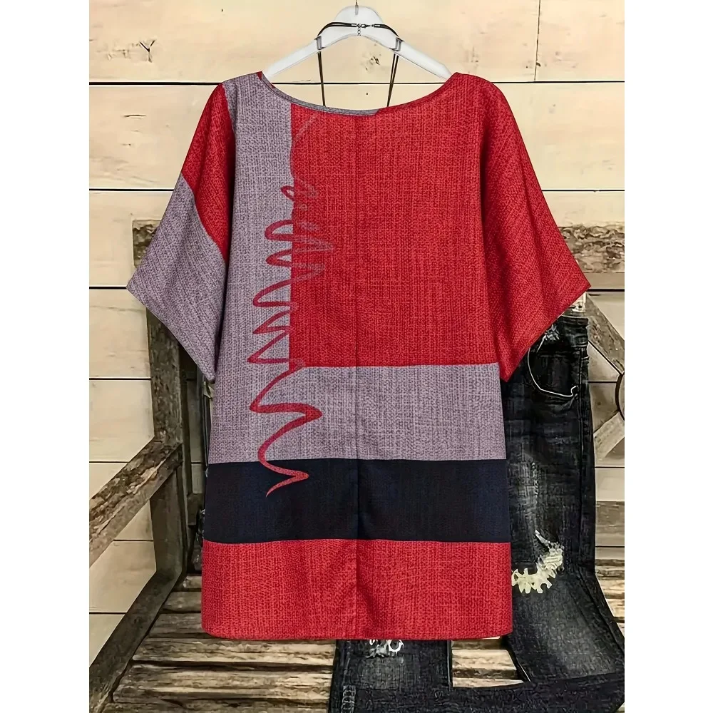 Plus Size Women's Fashion  Contrasting Round Neck Half Sleeved  Casual T-shirt Blouse