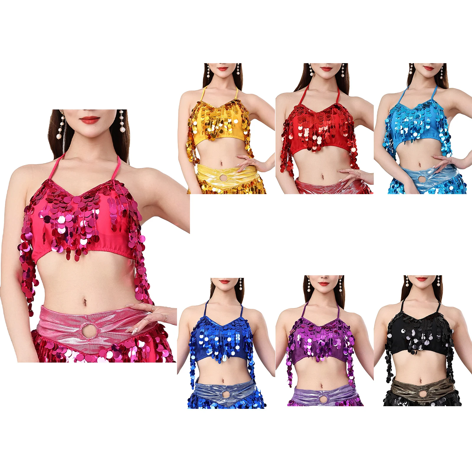 Damski top do tańca brzucha, cekinowy, z frędzlami, krótki, z dekoltem w serek, wiązany na szyi, z wkładkami na biuście, sznurowany, kostium taneczny na scenę klasyczną.