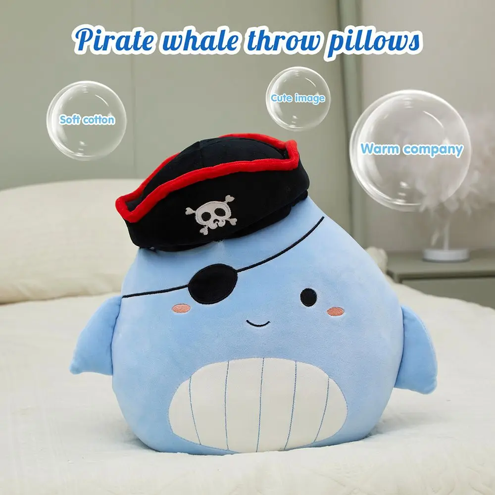 36cm One-eyed Pirate Whale Stuffed Pillow Blue Whale Round Pillow Plush Toys Cartoon Creative Design Children Gifts for Boys