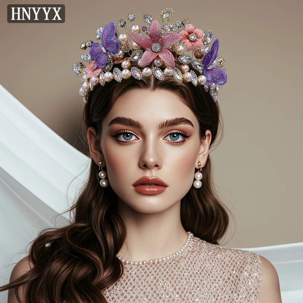 HNYYX Wedding Rhinestone Tiara Crown Pearl Hair Accessorise For Women Colorful Headband Bridal Headpieces Jewelry Headress A198