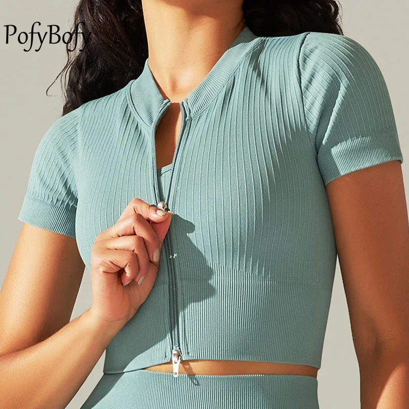 

PofyBofy Full Zipper Knit Stripe Slim Fit Widen Waistband Elastic Women Short Sleeve Sport Crop Tops Fitness Workout Yoga Shirts