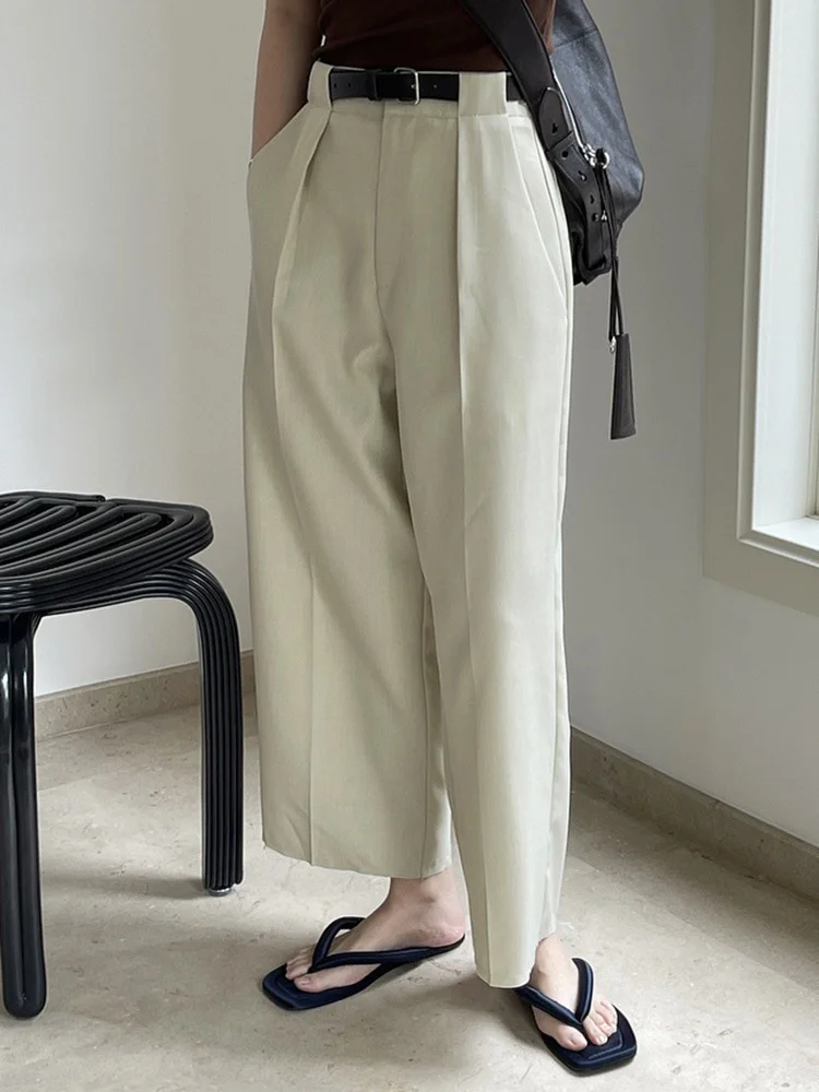 [EAM] High Waist Beige Pleated Casual Casual Long Pants New Loose Fit Trousers Women Fashion Tide Spring Autumn 2024 1DF4478