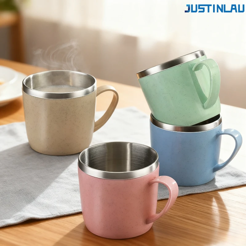 Doppelschichtige, verbrühungshemmende Edelstahlbecher mit Kunststoffgriff, Kaffee- und Milchbecher, Teegetränke, Wasserbecher für Zuhause und Büro