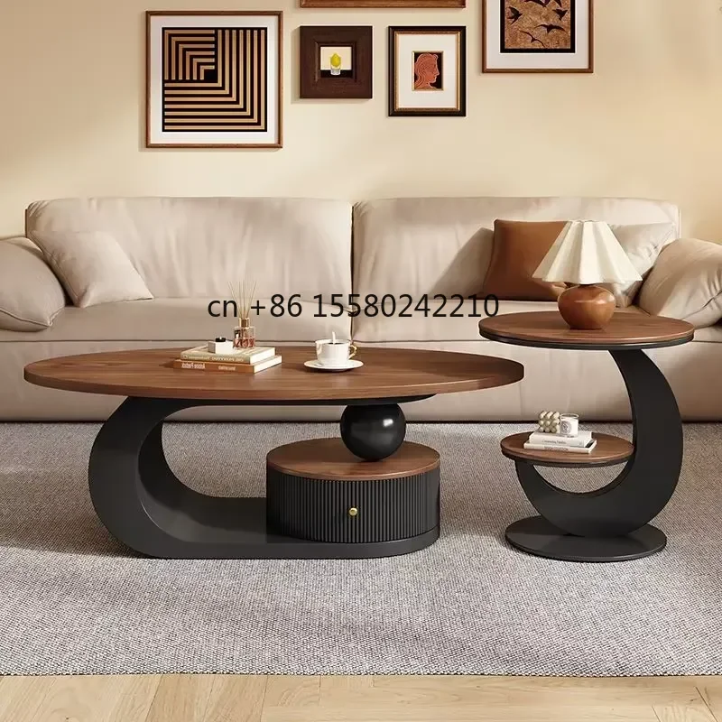 for Wabi-Sabi Style Modern Cream Oval Coffee Table Walnut-Colored Solid Wood Iron Frame Small Apartment Living Room
