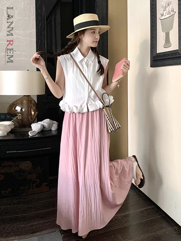 LANMREM Sweet Two-piece Set Women Lapel Sleeveless Single Breasted Petal Tops With Elastic Waist Skirt 2024 New Clothing 2Z1923