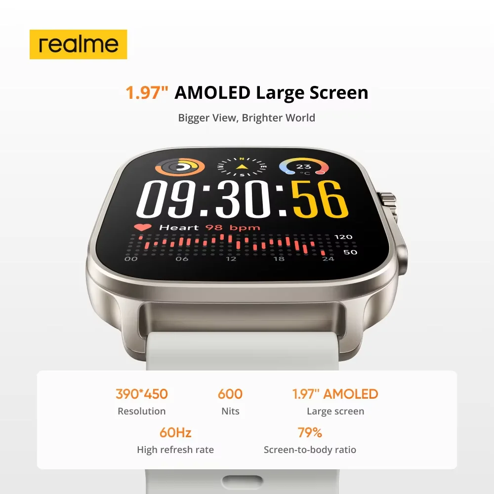 Versione globale realme watch 5 1,97" 600 nit AMOLED 460mAh Durata della batteria di 14 giorni più 300 Temi Supporto GPS GNSS IP68 impermeabile