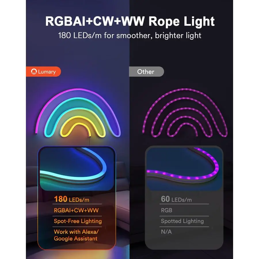 Smart RGBAICW Neon Rope Lights Indoor, 16.4ft Led Strip Light Works with Alexa Google Assistant, Warm White to Cool White Rope L
