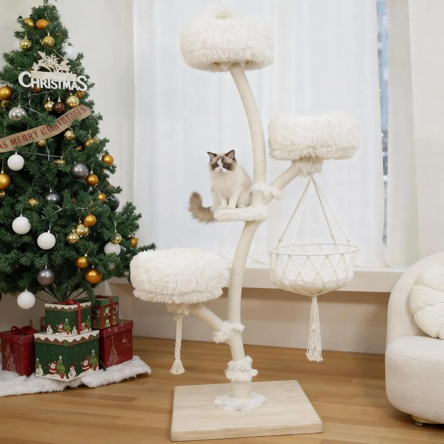 

70-дюймовая многоуровневая лежанка-когтеточка из массива дерева с гамаком и корзиной для крупных кошек, на заказ