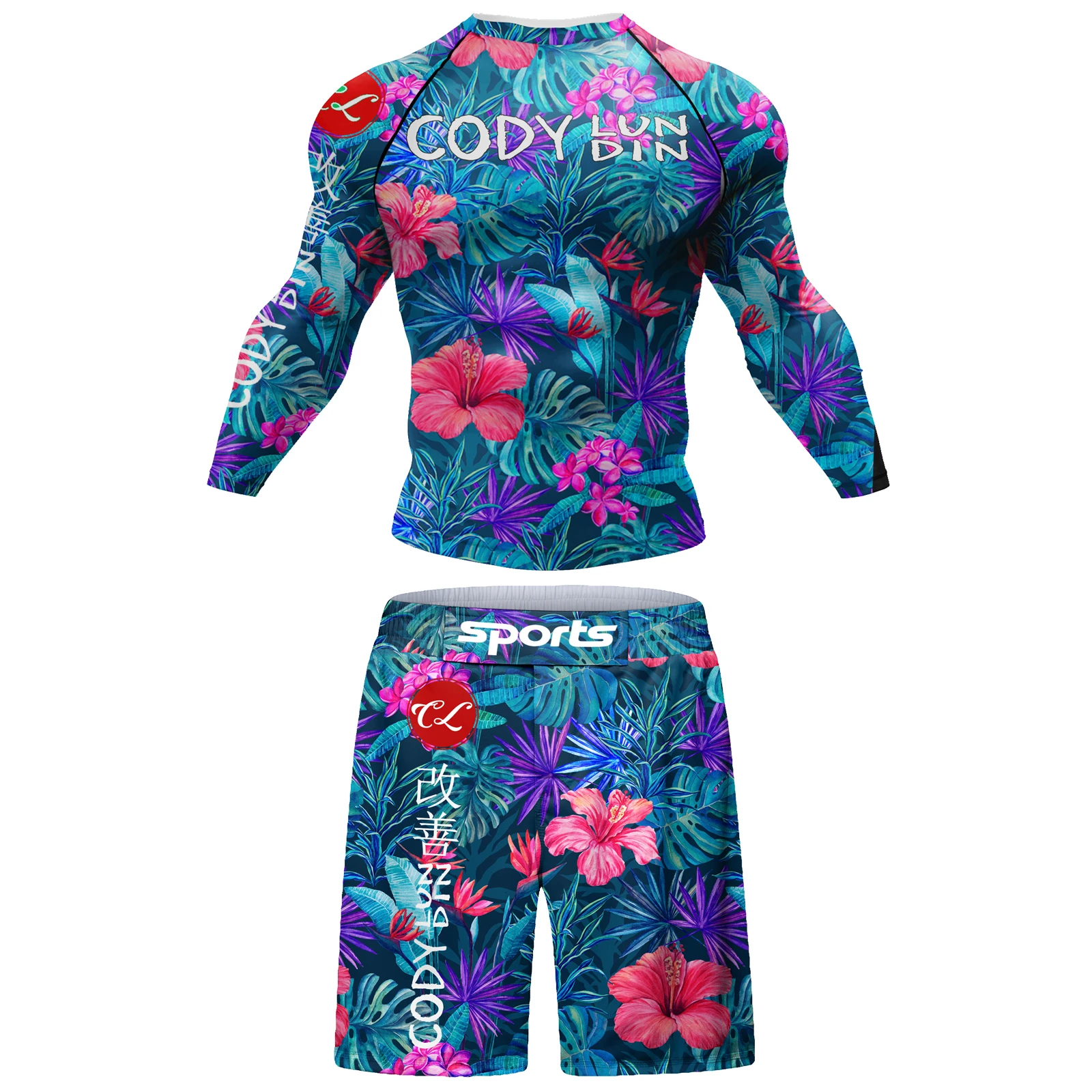 Chie Lundin-Camiseta y pantalones de Fitness con estampado de flores para hombre, ropa deportiva para gimnasio, BJJ, boxeo, correr, MMA, Rashguard, Jiu JitsuShorts