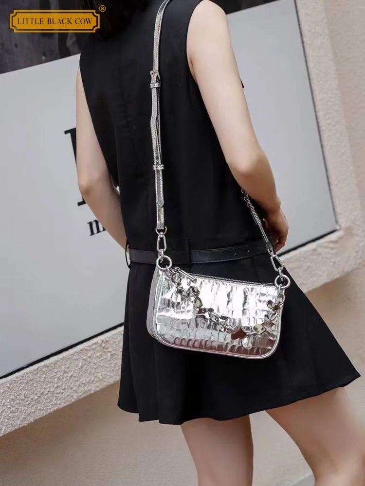 

Women Handbag Zipper Genuine Leather High Street Casual Chain Single Shoulder Bag Punk Style Soft Female Crossbody Underarm Bags