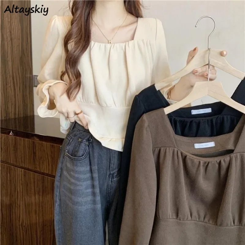 

Рубашка женская с длинным рукавом, элегантный Универсальный однотонный топ с оборками и квадратным вырезом, модная блуза свободного покроя, весна-осень