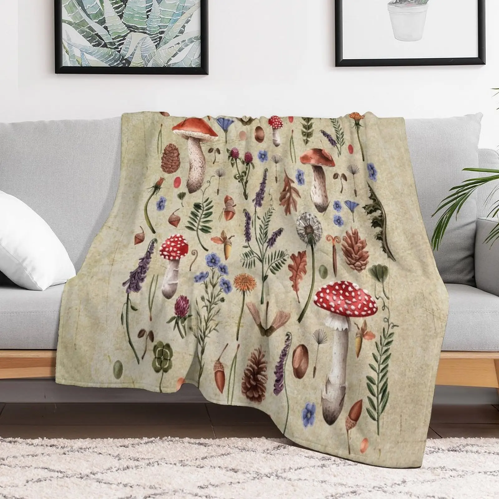 

Retro botanical mushrooms, wildflowers dcor, neutral colors floral design Throw Blanket Bed linens Softest Flannel Blankets