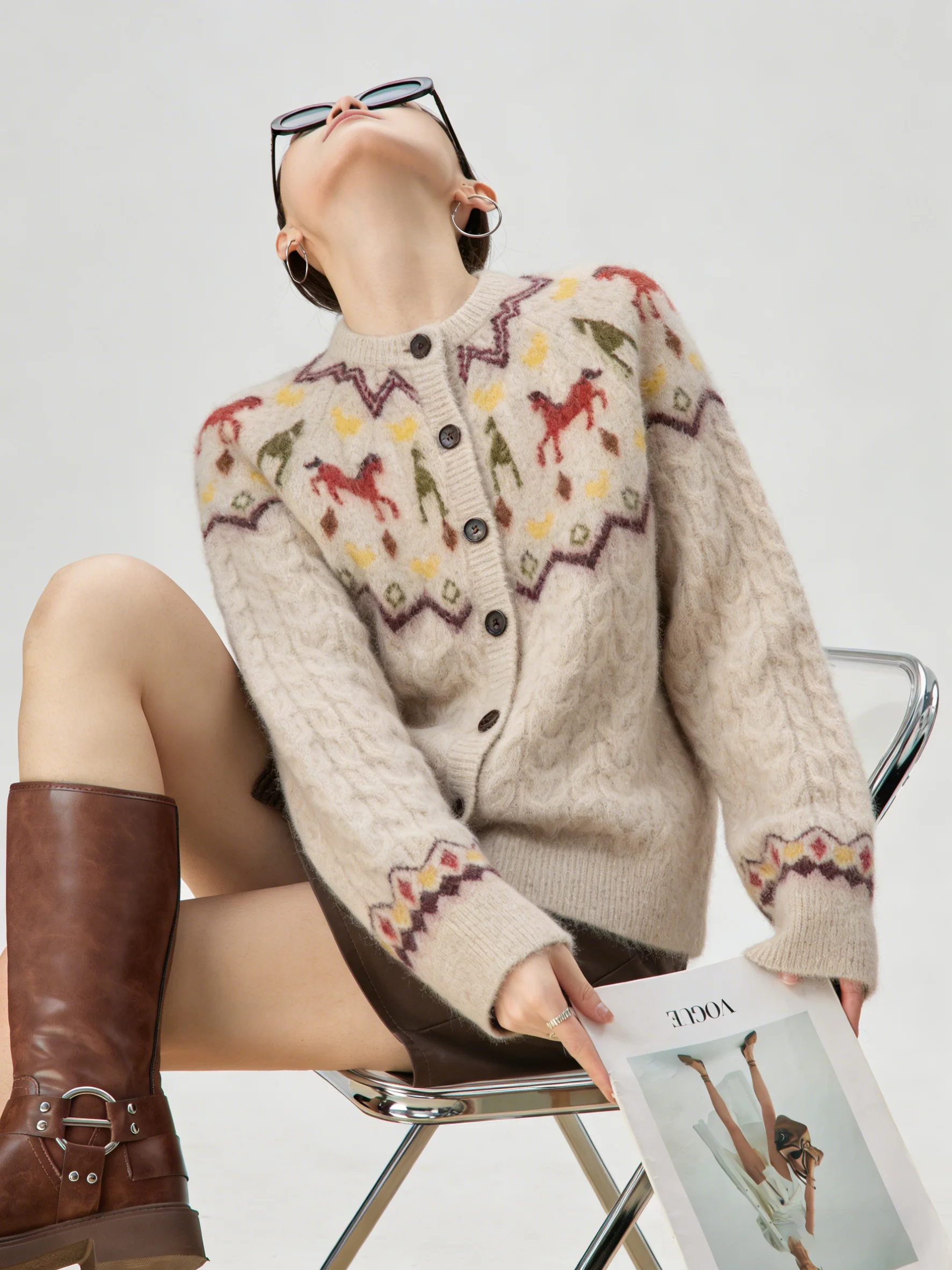 Milk  Fair Isle  Pattern Knitted Fleece Sweater Cardigan Women's Winter Unique Beautiful Inner Knitted Top