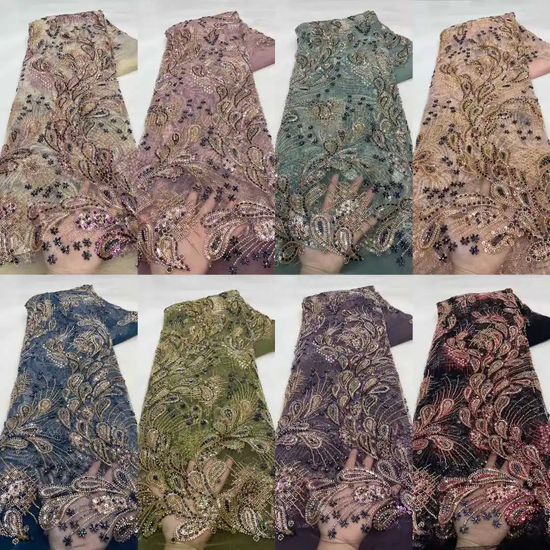 African Heavy Beaded Lace Fabric 2025 High Quality 5 Yards Sequins French Tulle Bead Lace for Wedding Party Dresses